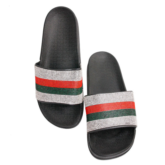 Red and Green Size 9 Designer Black Slides