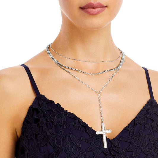 Silver Triple Chain Cross Set