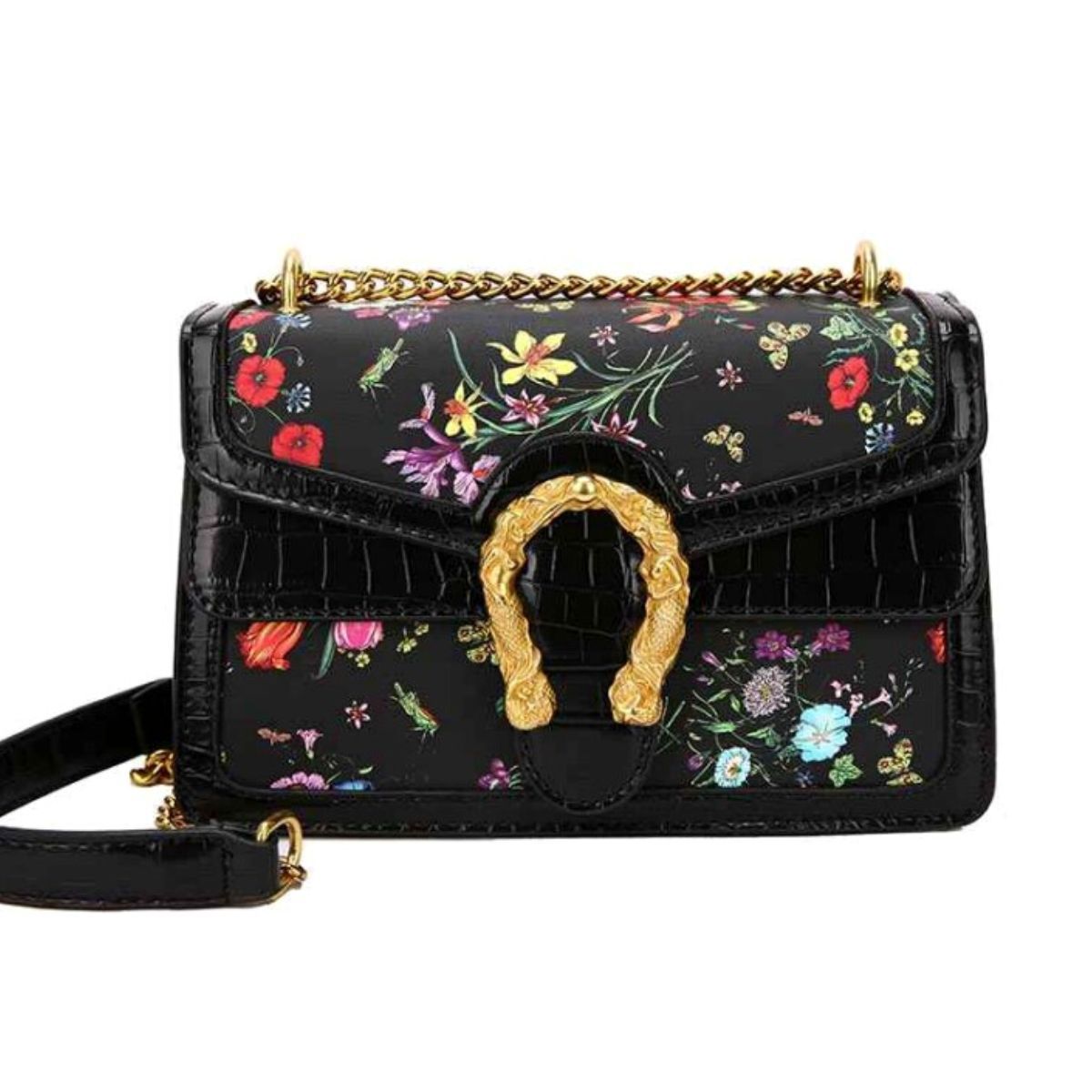 Black Floral Designer Square Satchel