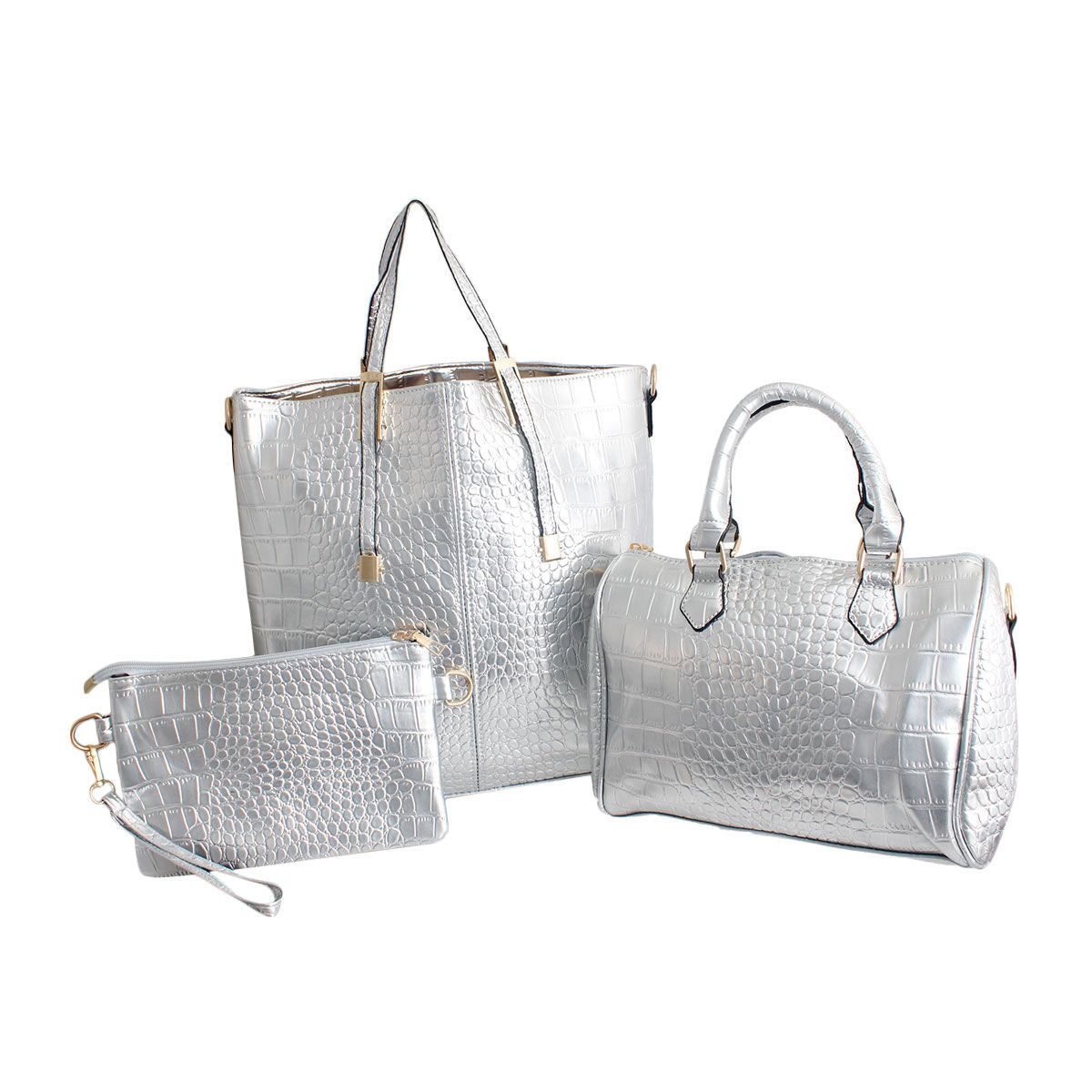 Shiny Silver Croc 3 Pcs Bag Set