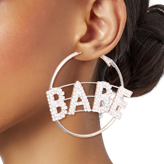 Rhinestone BABE Silver Hoops