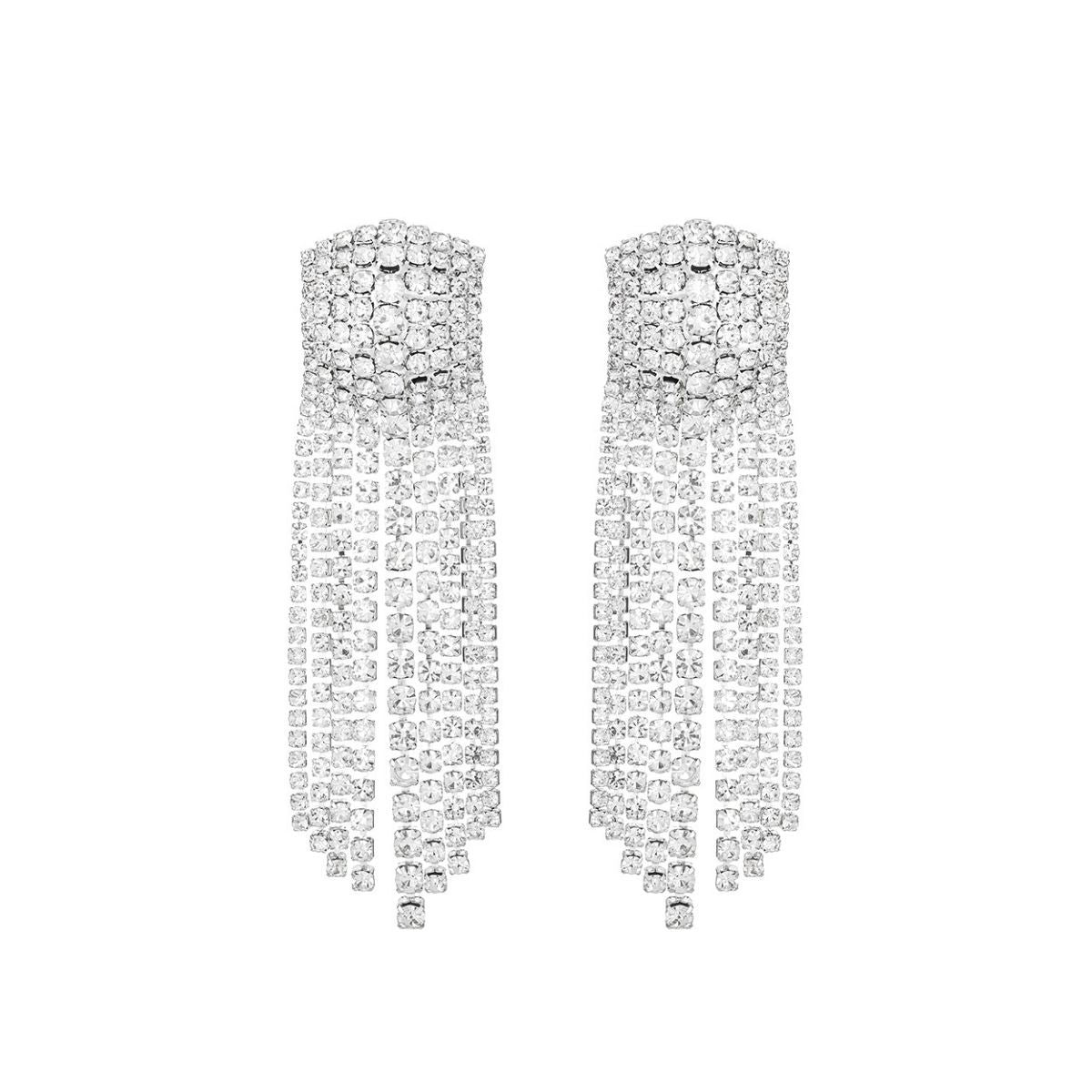 Silver Rectangle Iced Fringe Earrings