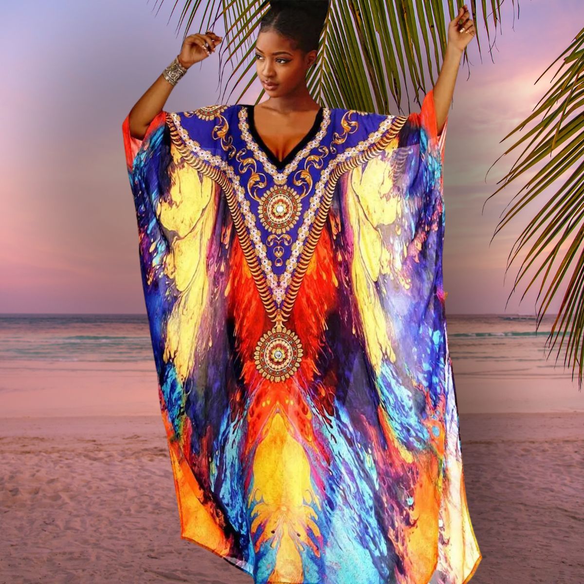 Tribal V Neck Caftan Dress