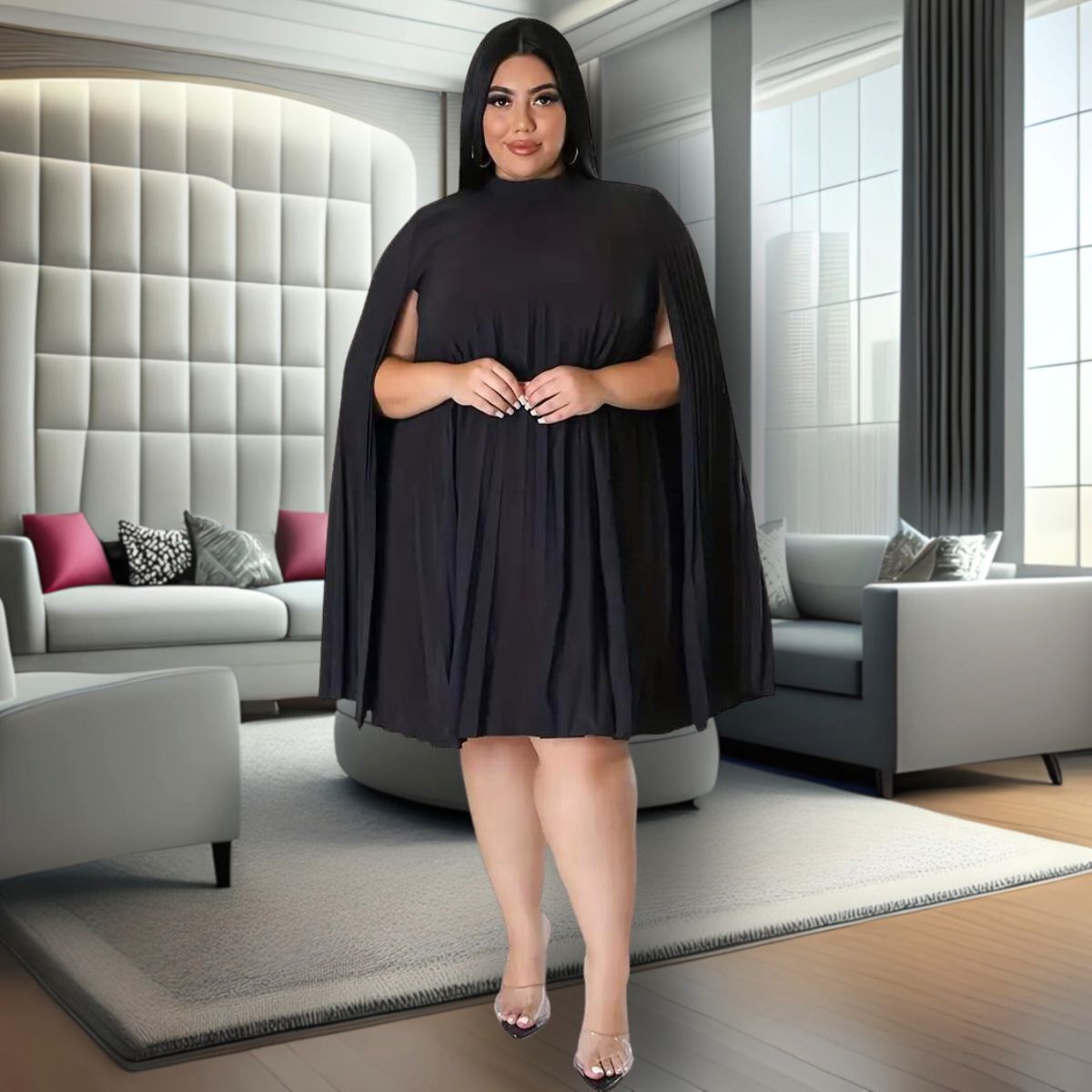 Black 4XL Pleated Cloak Dress