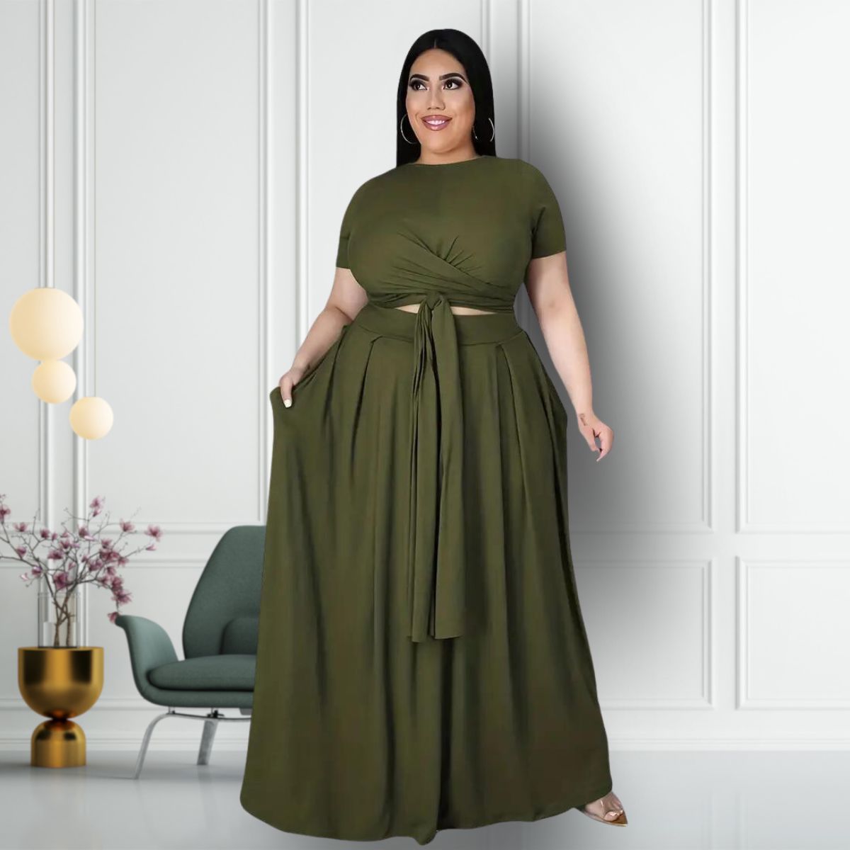 Army Green 4XL Top Skirt Set