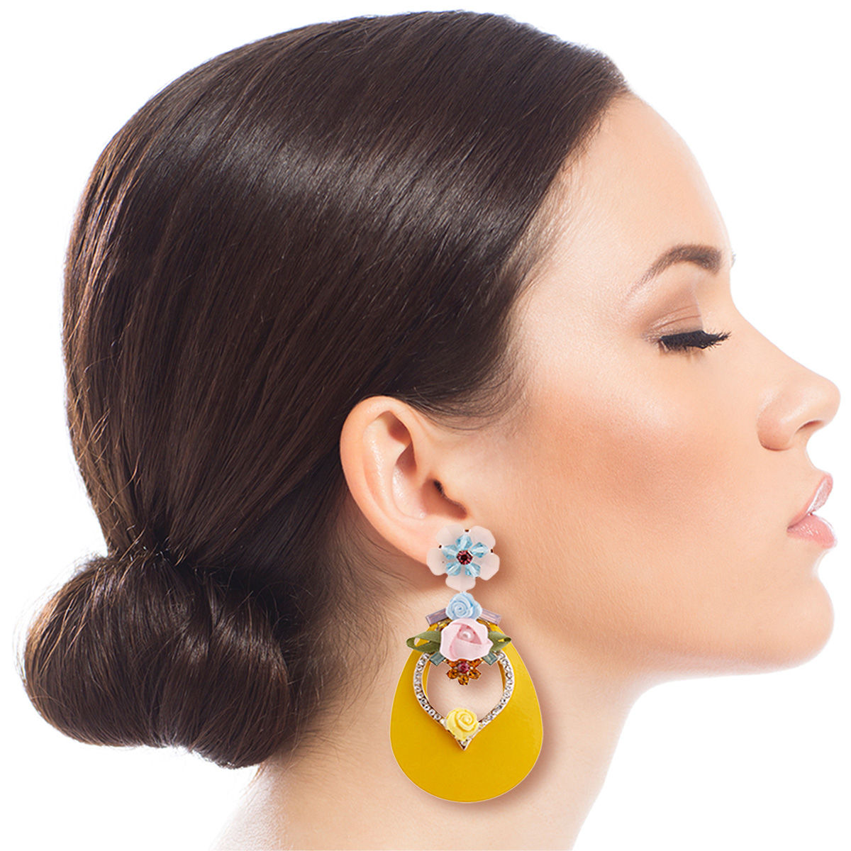 Yellow Teardrop Earrings with Rhinestone and Flower Detail