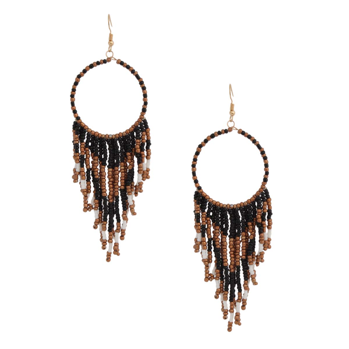 Black and Gold Bead Fringe Circle Earrings