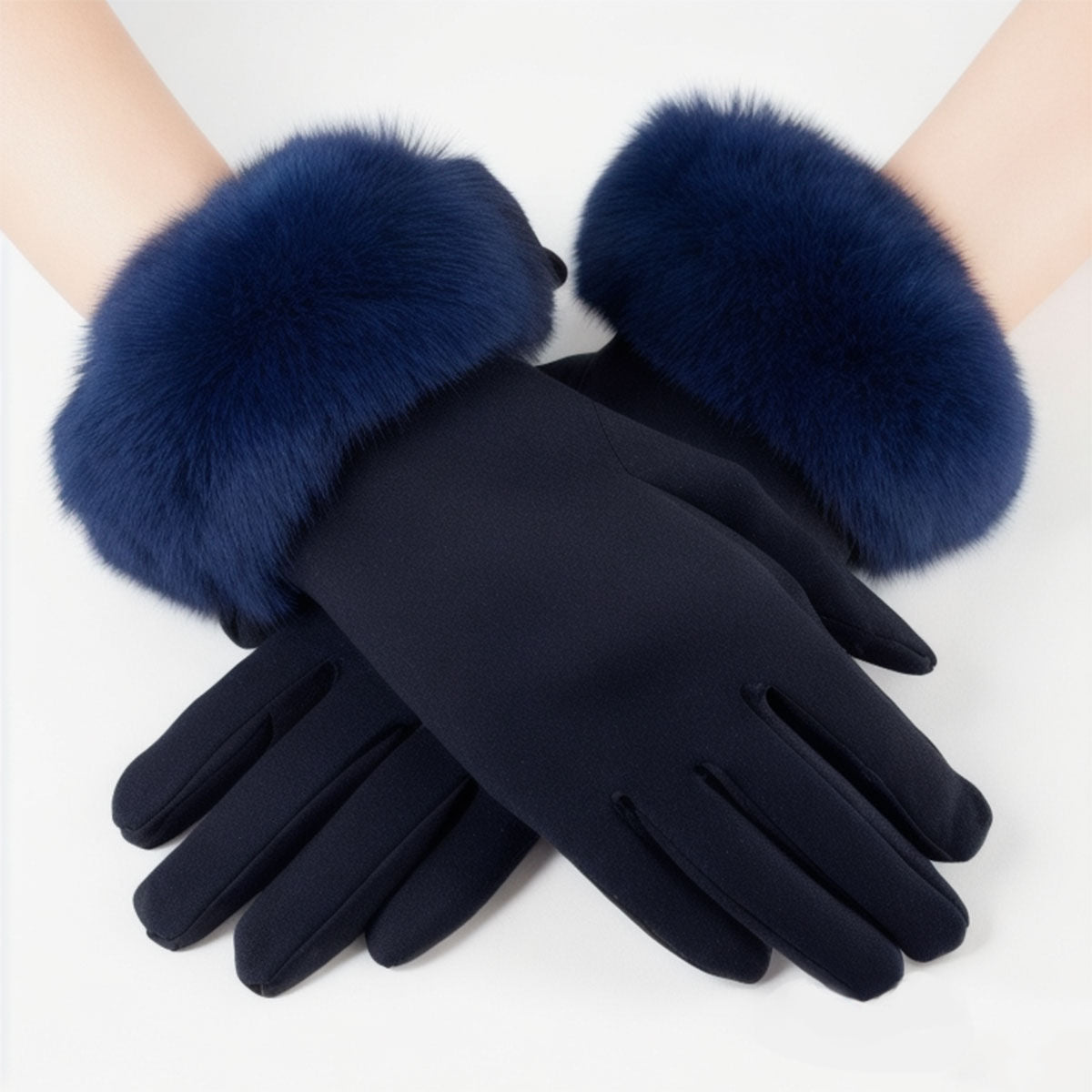 Gloves Navy Fur Trim Winter Gloves for Women