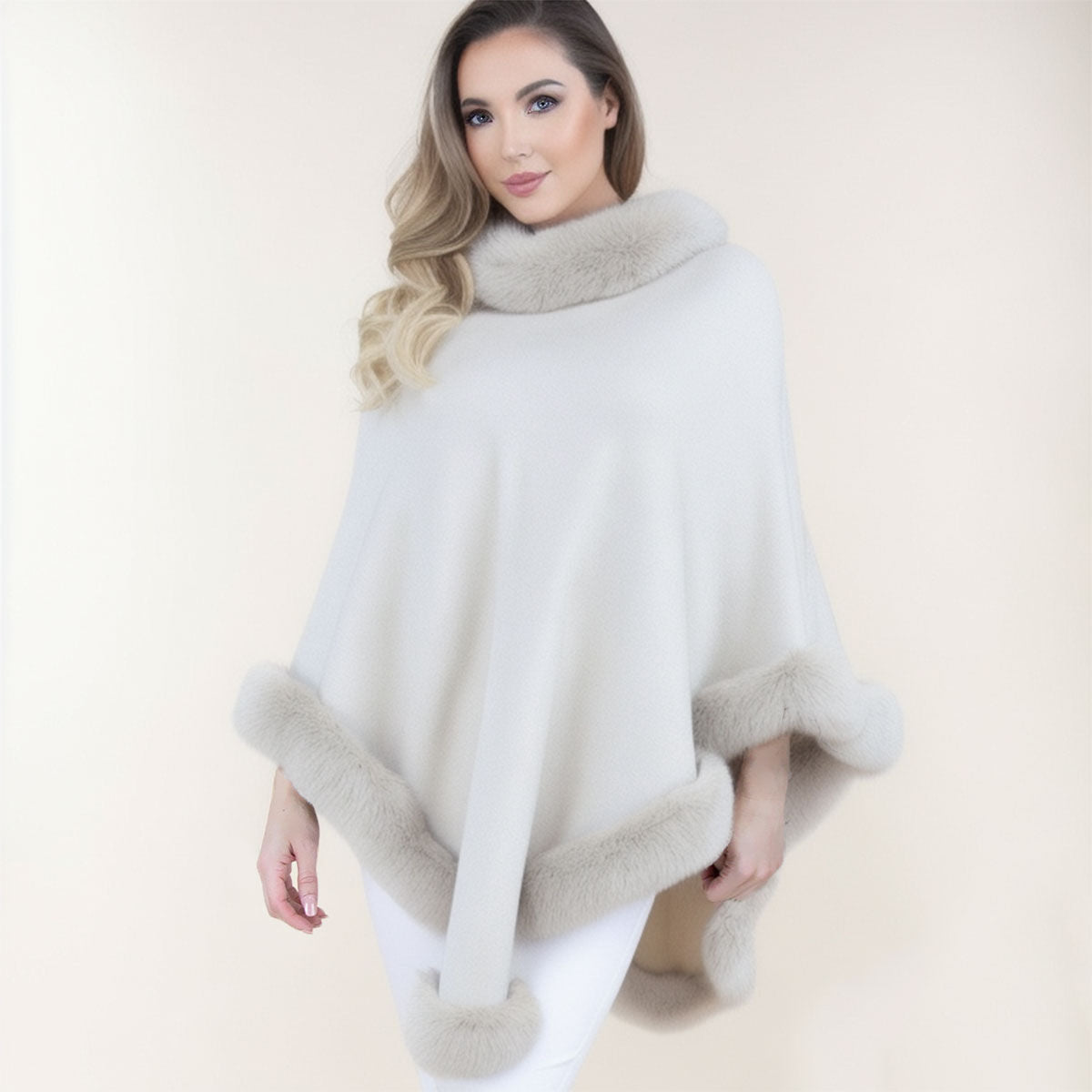 Poncho Beige Fur Trim for Women