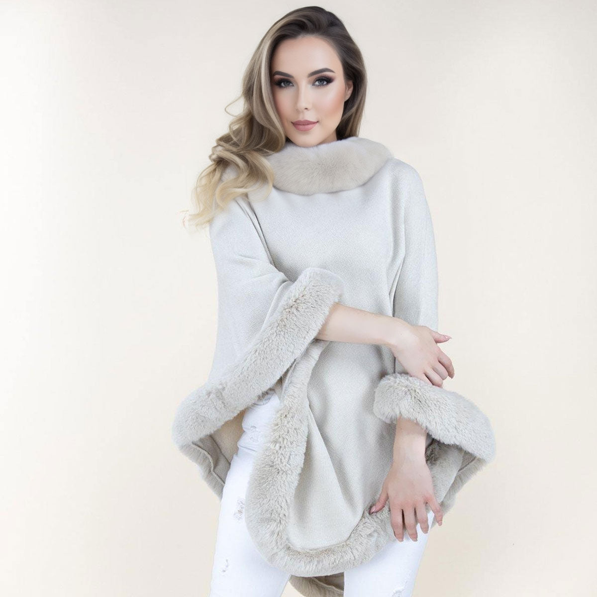 Poncho Beige Fur Trim for Women