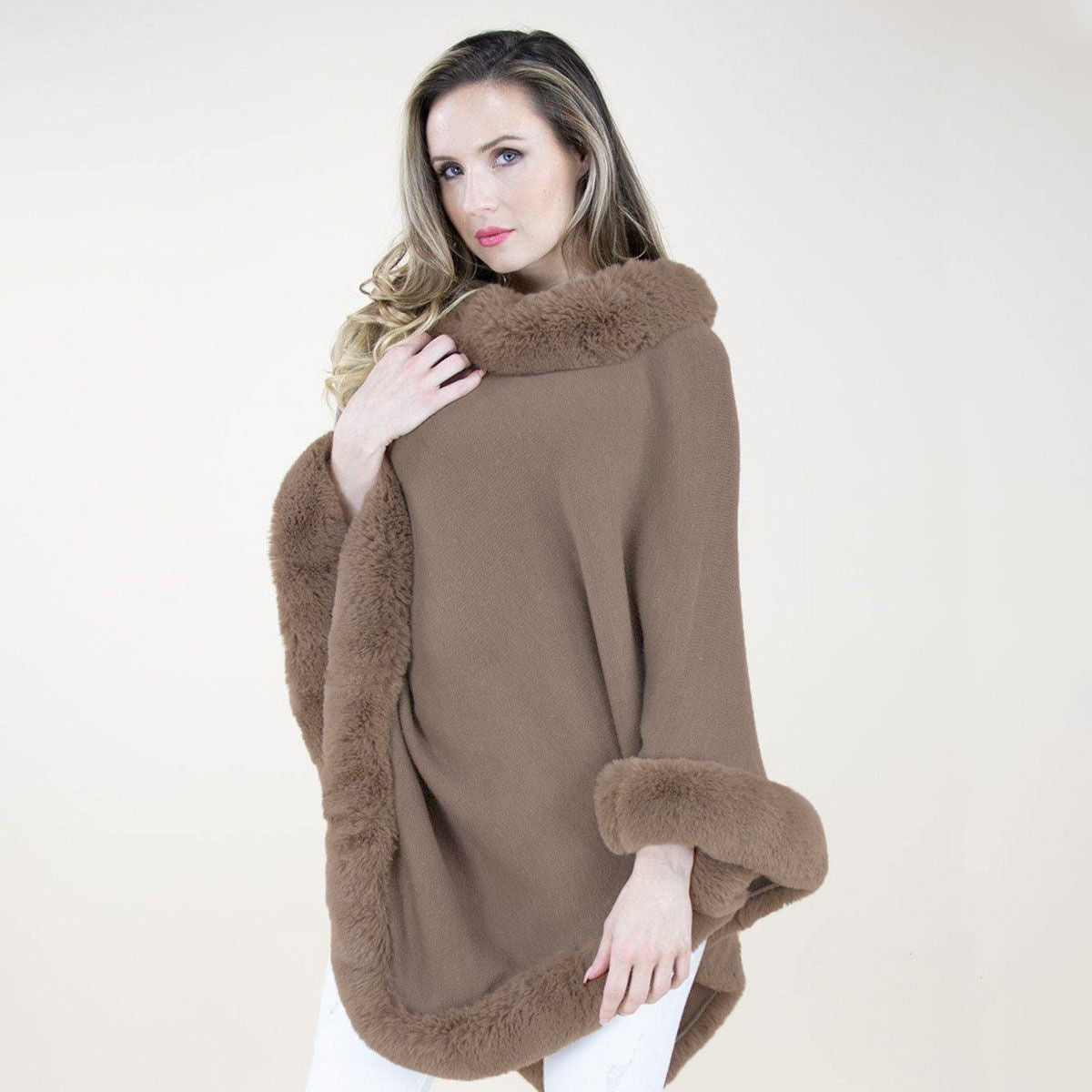 Poncho Brown Fur Trim for Women