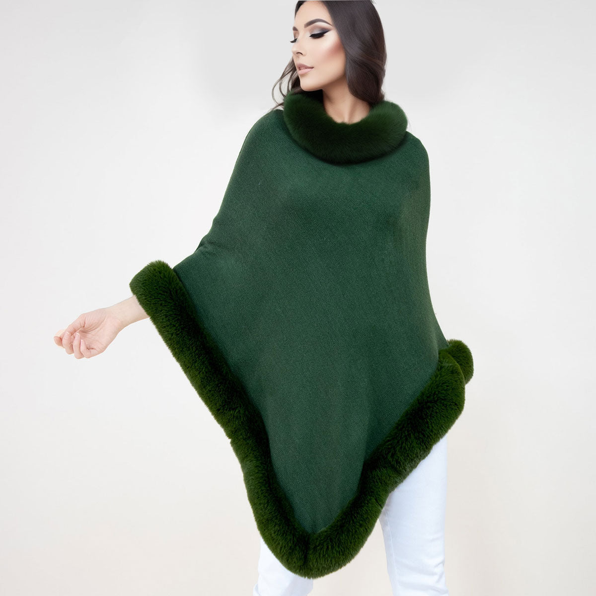 Poncho Olive Fur Trim for Women