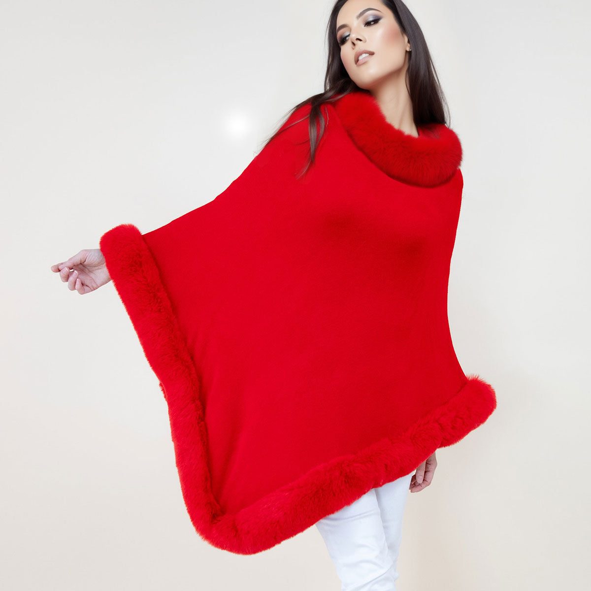 Poncho Red Fur Trim for Women