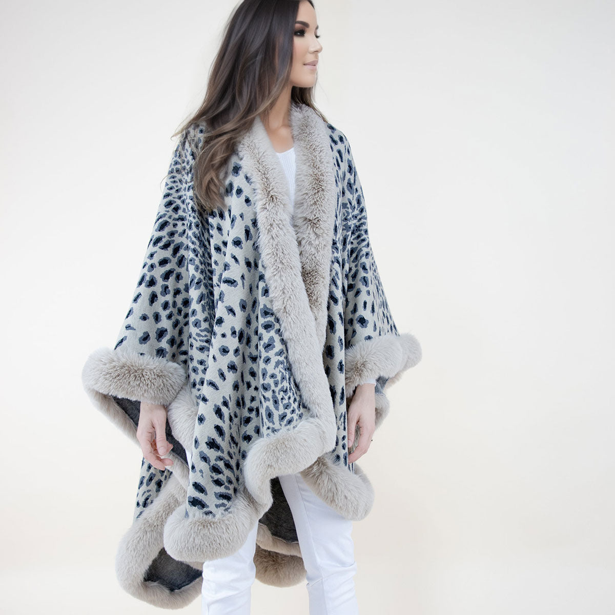 Shawl Cape Ruana Beige Cheetah Fur Wrap for Women