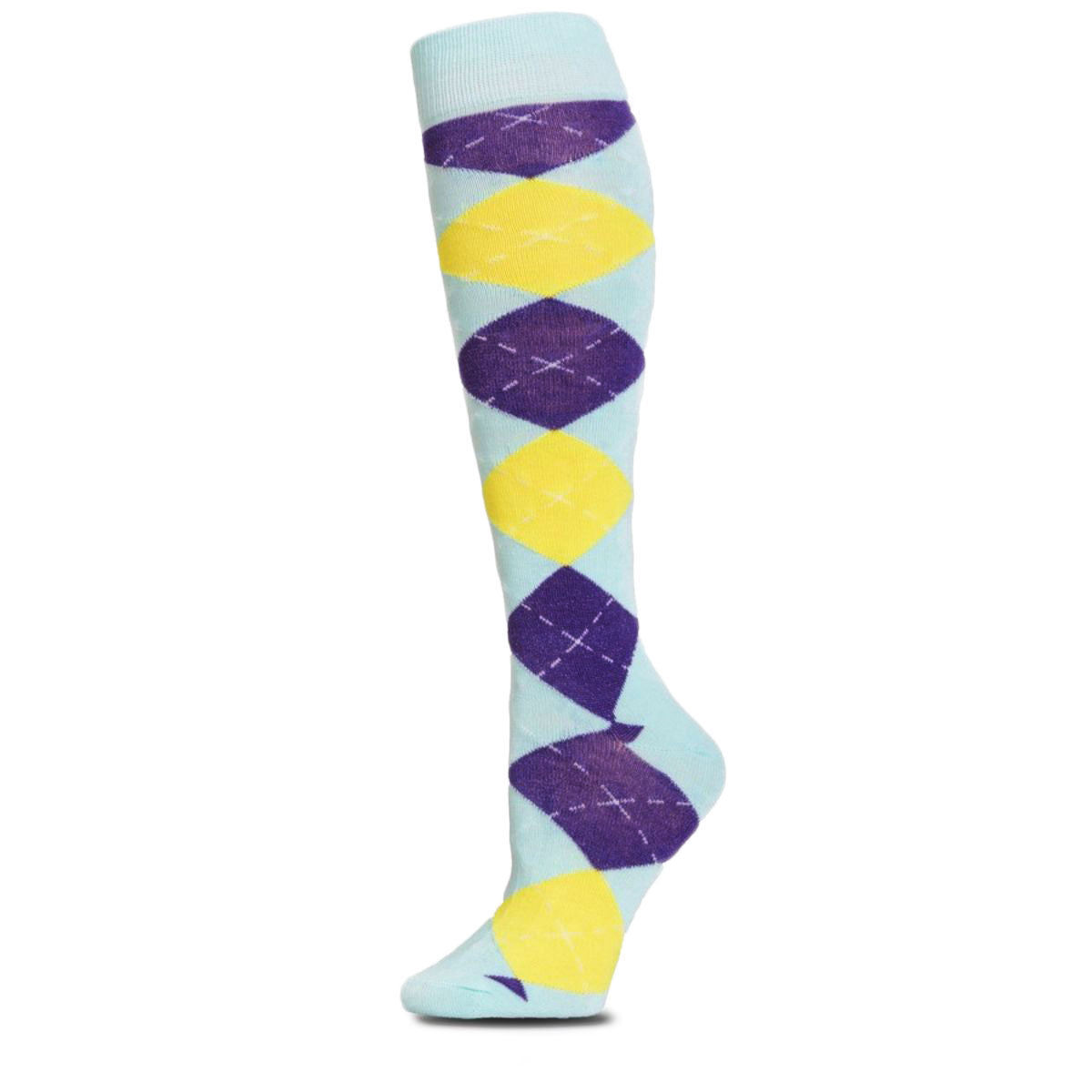 Aqua Argyle Knee High Socks