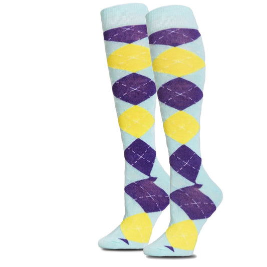 Aqua Argyle Knee High Socks